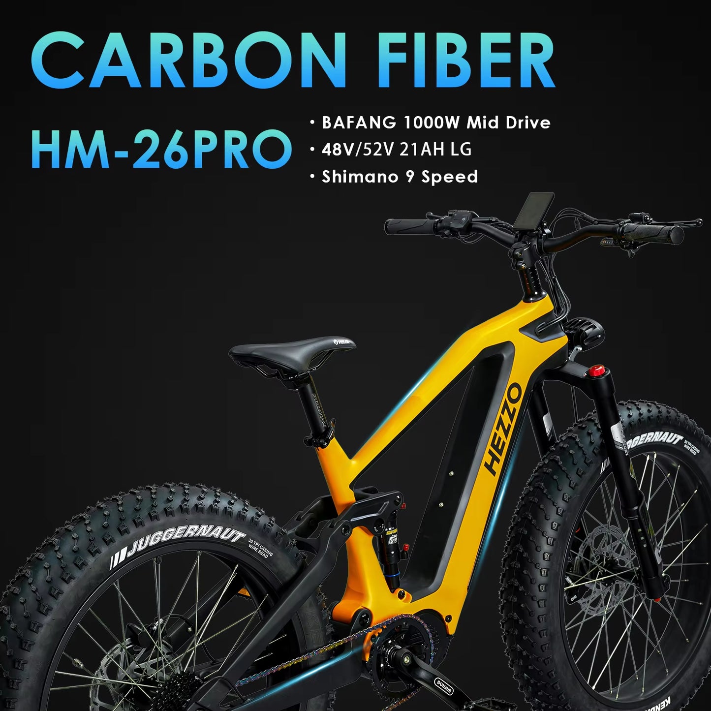 -Carbon Fiber Electric Bicycle, 52V, 1000W, BAFANG M620, Mid Drive, 21Ah Emtb, Fat Tire Ebike, Off-Road 9 Speed Electr Bike