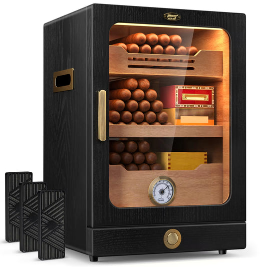 Desktop Cigar Humidor Cabinet, Light Control, Cedar Wood Shelves, Hygrometer, 3 Humidifiers, Cigar Accessories Drawer