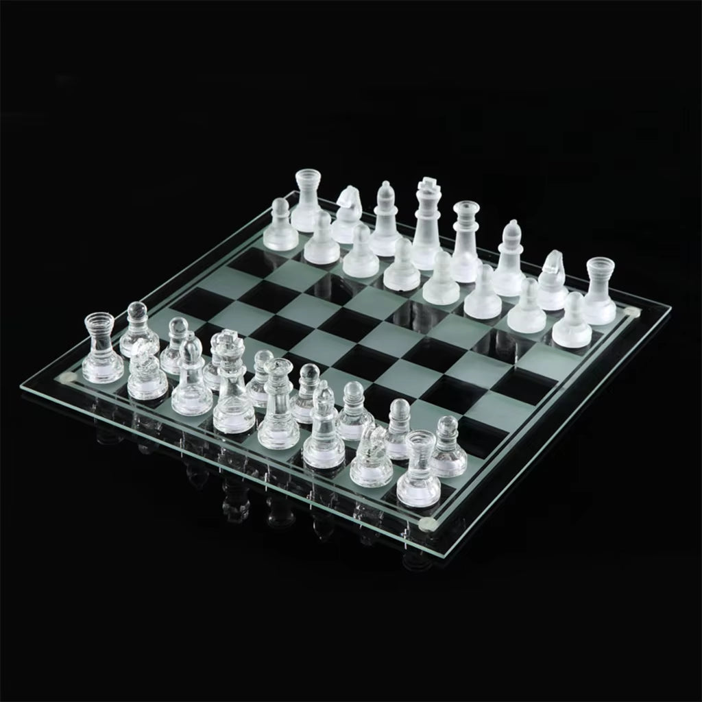 Crystal Chess Set Includes Frosted / Polished Glass Chess Board and 32 Chess Pieces, Adult Crystal Chess Set